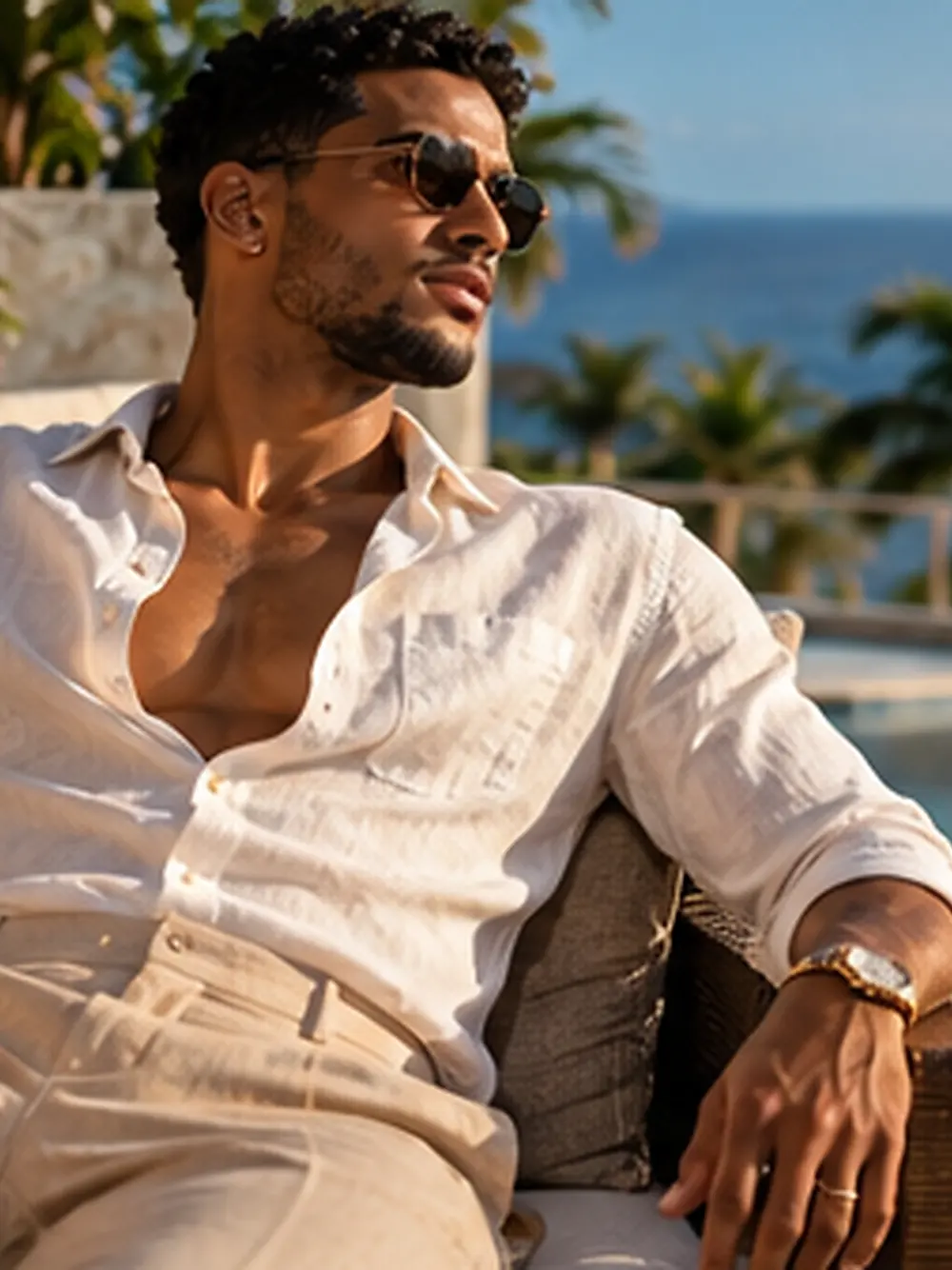 Campaign imagery: a man in an open linen shirt by the pool