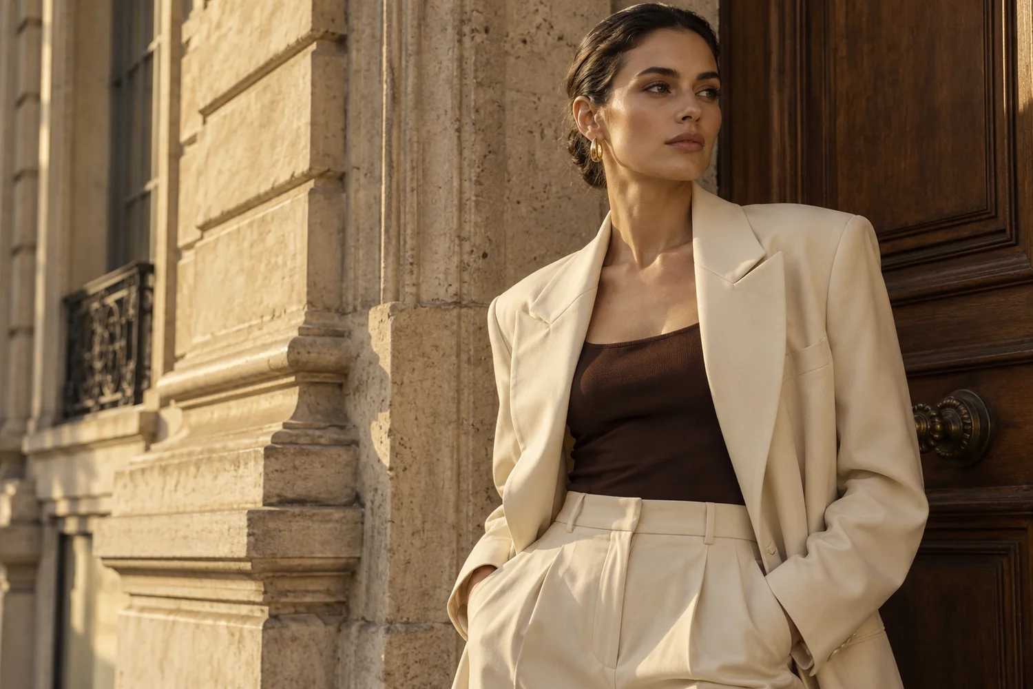 Gala editorial portrait in warm architectural surroundings