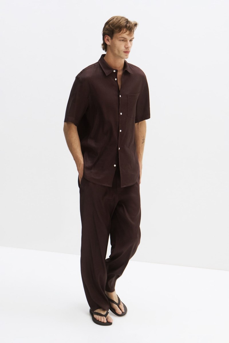 H&M Short-sleeve linen-blend shirt in Dark brown
