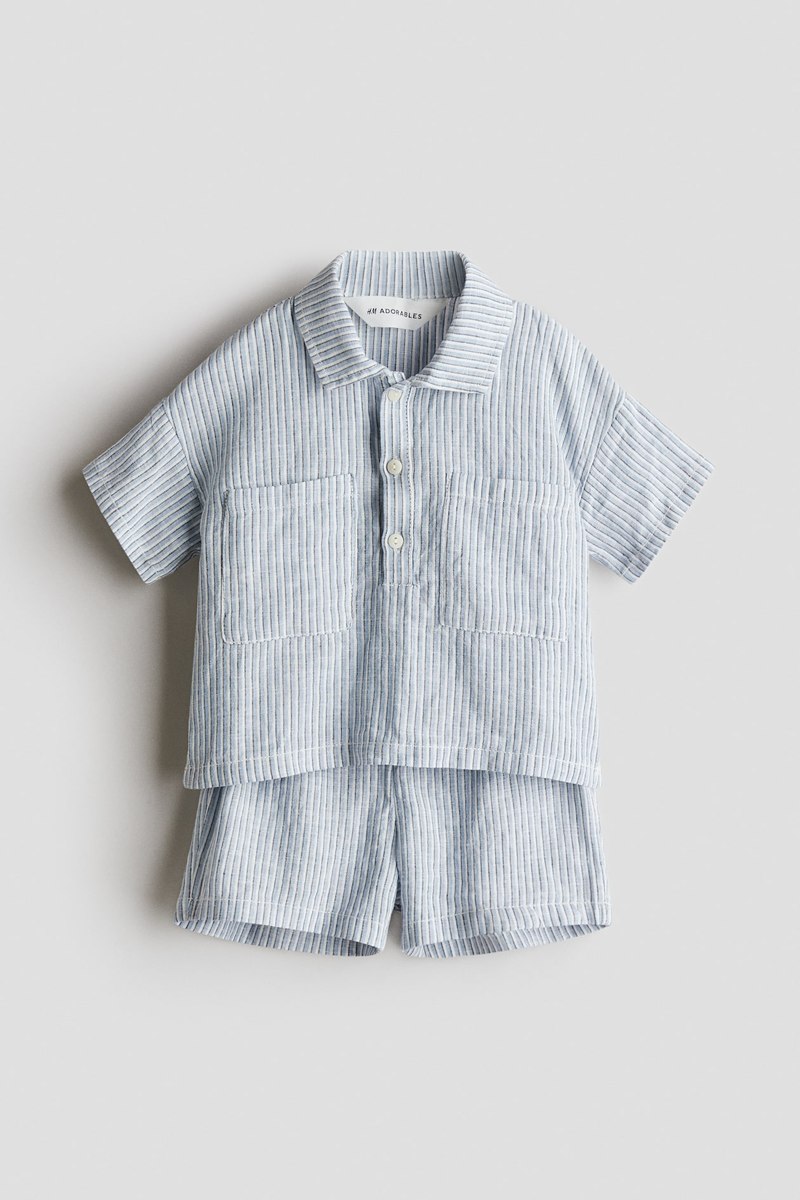 H&M Striped linen-blend set in Light blue stripe