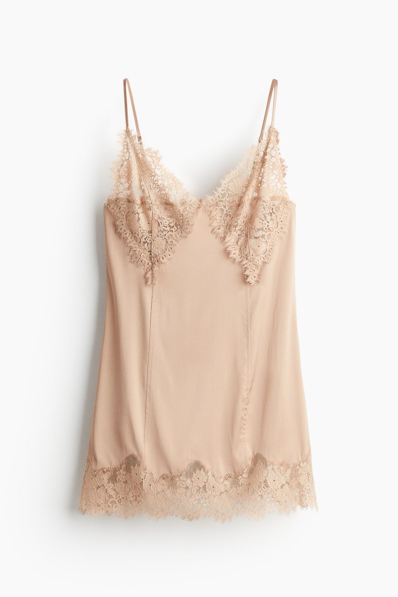 H&M Lace-trimmed satin slip dress in Light beige