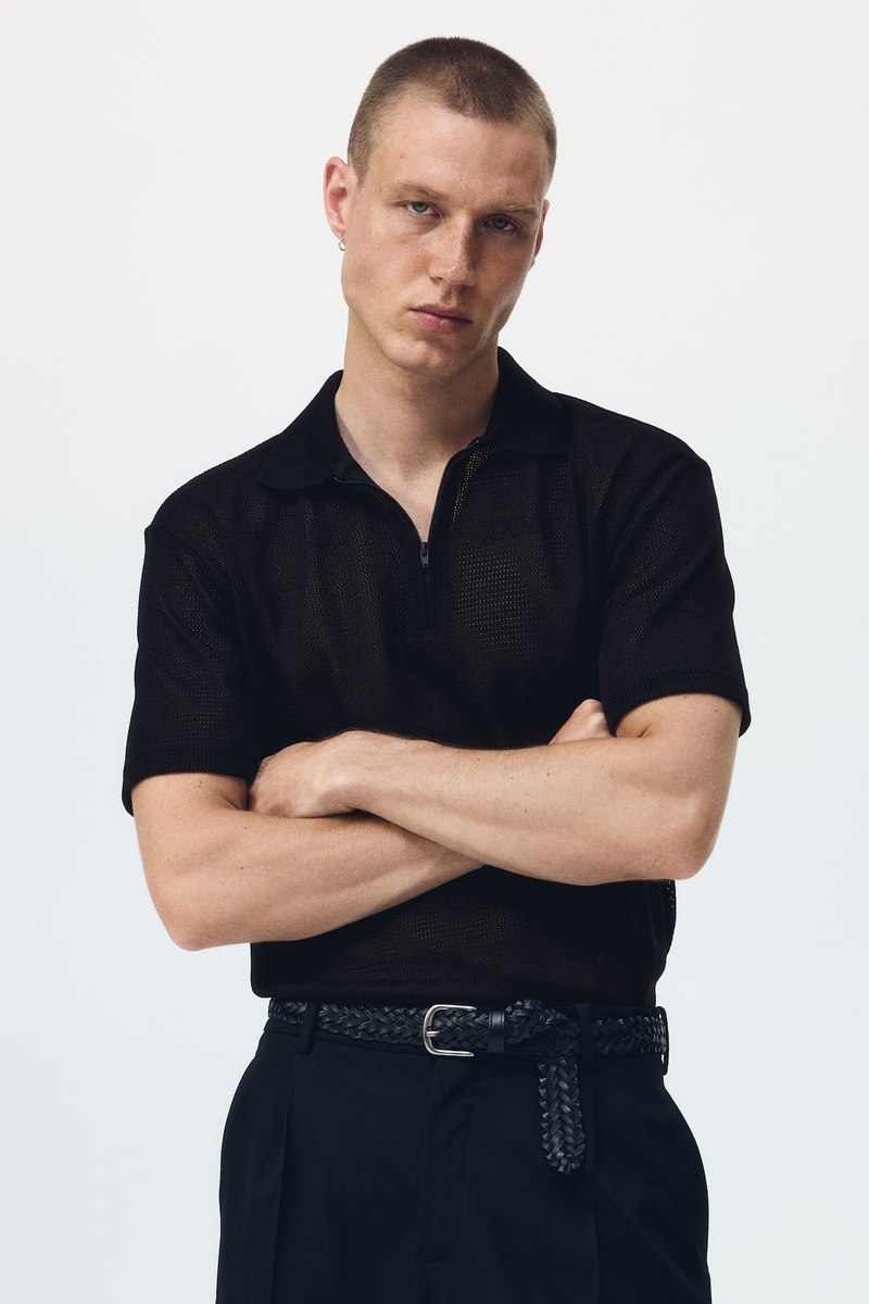 H&M Open-knit zip polo in Black