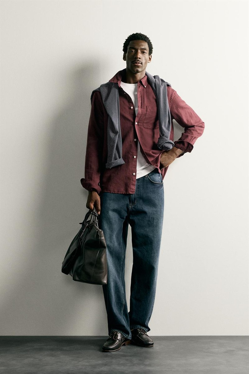 Zara Button-down linen-cotton shirt in Maroon
