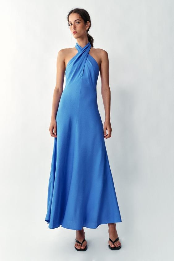 Zara Linen halter midi dress in Blue